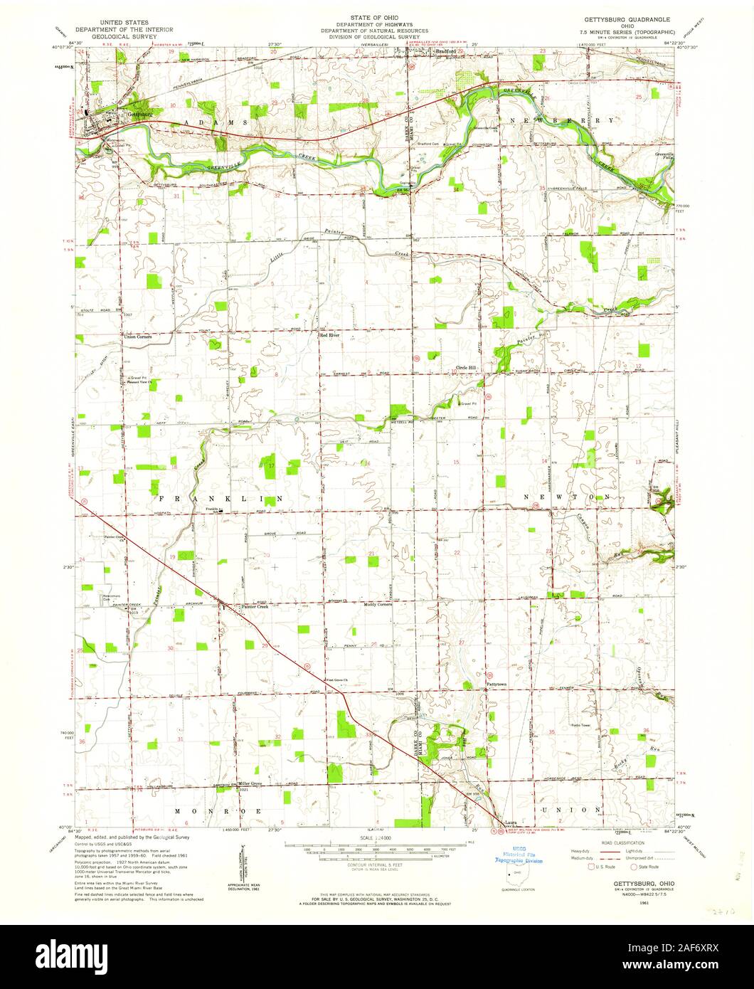 USGS TOPO Map Ohio OH Gettysburg 225188 1961 24000 Restoration Stock Photo