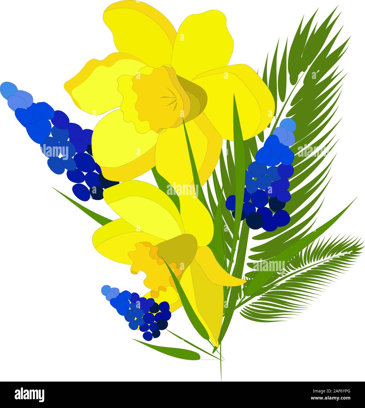 Bouquet of spring flowers isolated on white background. Vector illustration. Tulips, daffodils and twigs of palm trees. Isolated element for creating Stock Vector