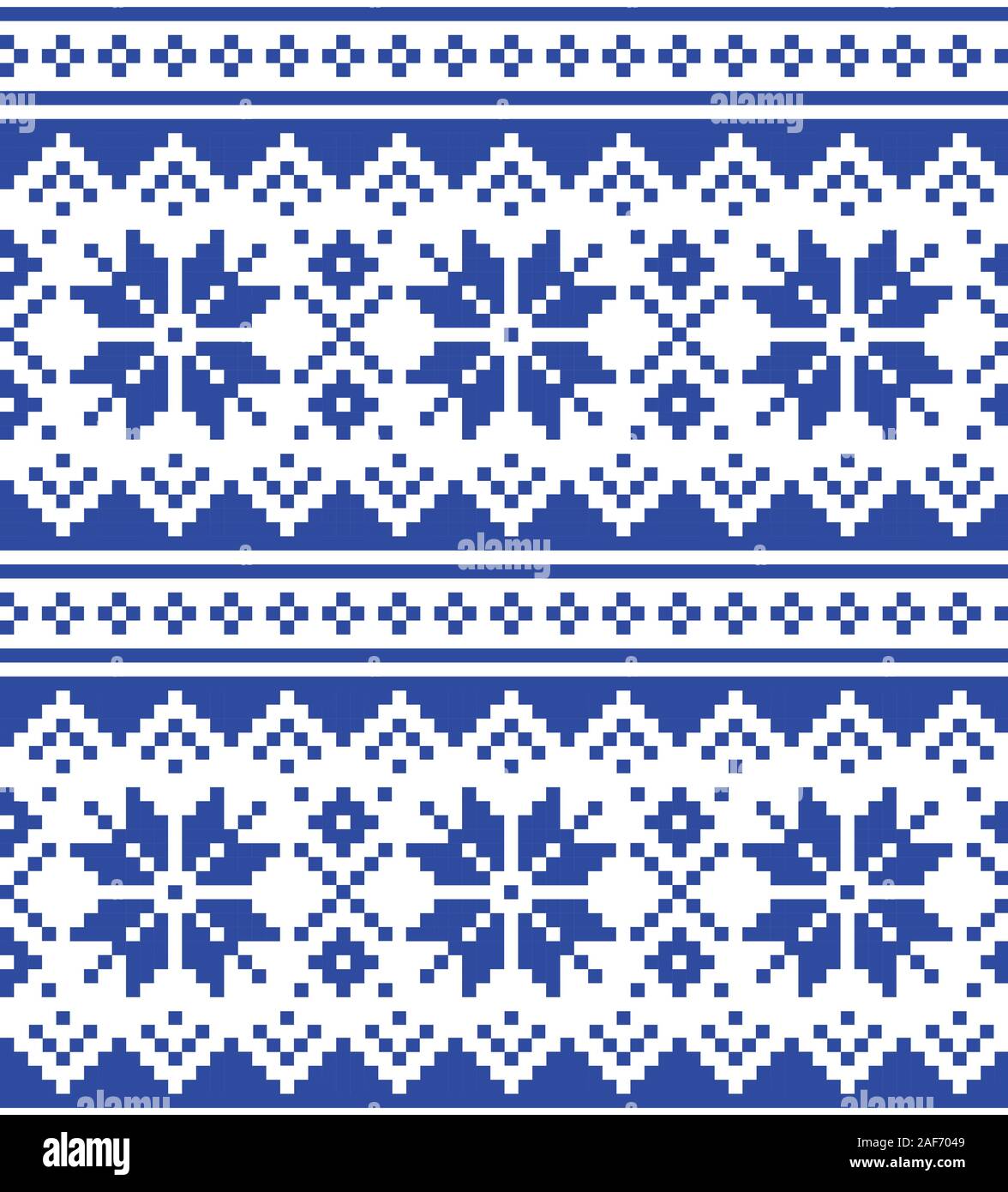Christmas winter vector seamless navy blue pattern with snowflakes, inspired by Sami people, Lapland folk art design, traditional knitting and embroid Stock Vector