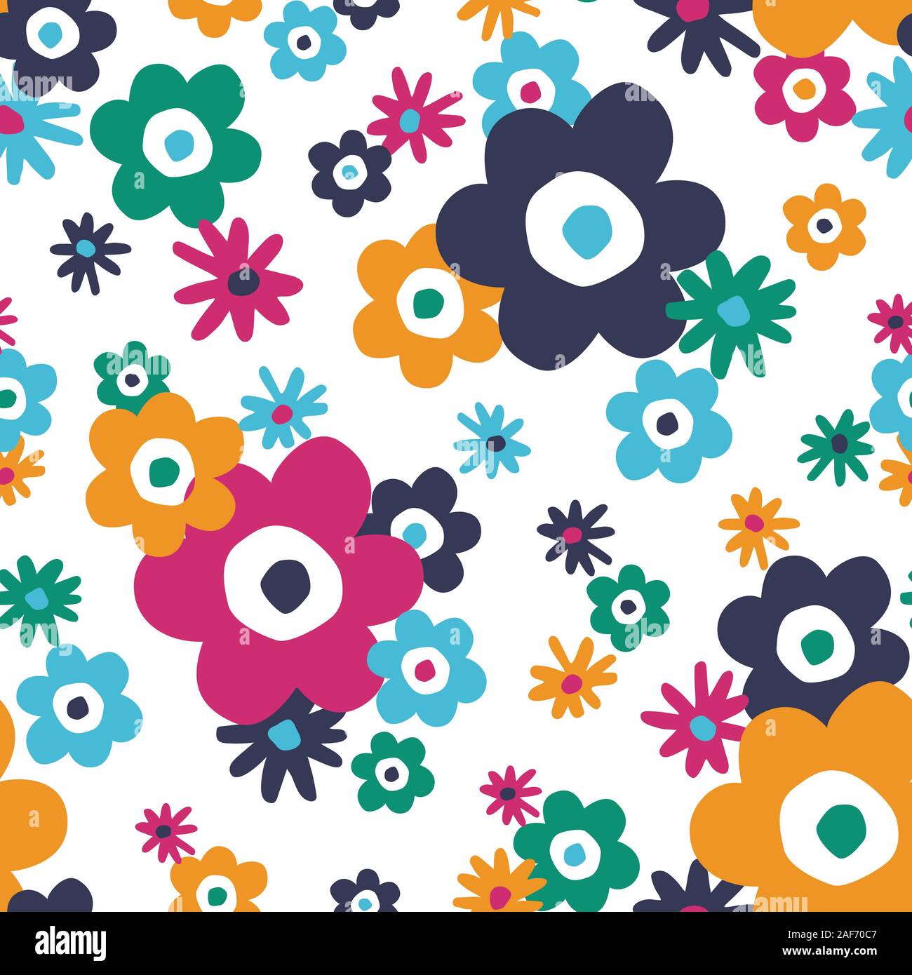 Bold Retro Graphic Large Scale Floral Vector Seamless Pattern. Simplistic Oversized Hand Drawn Colourful Daisies, Blooms on White Background. Minimal Stock Vector