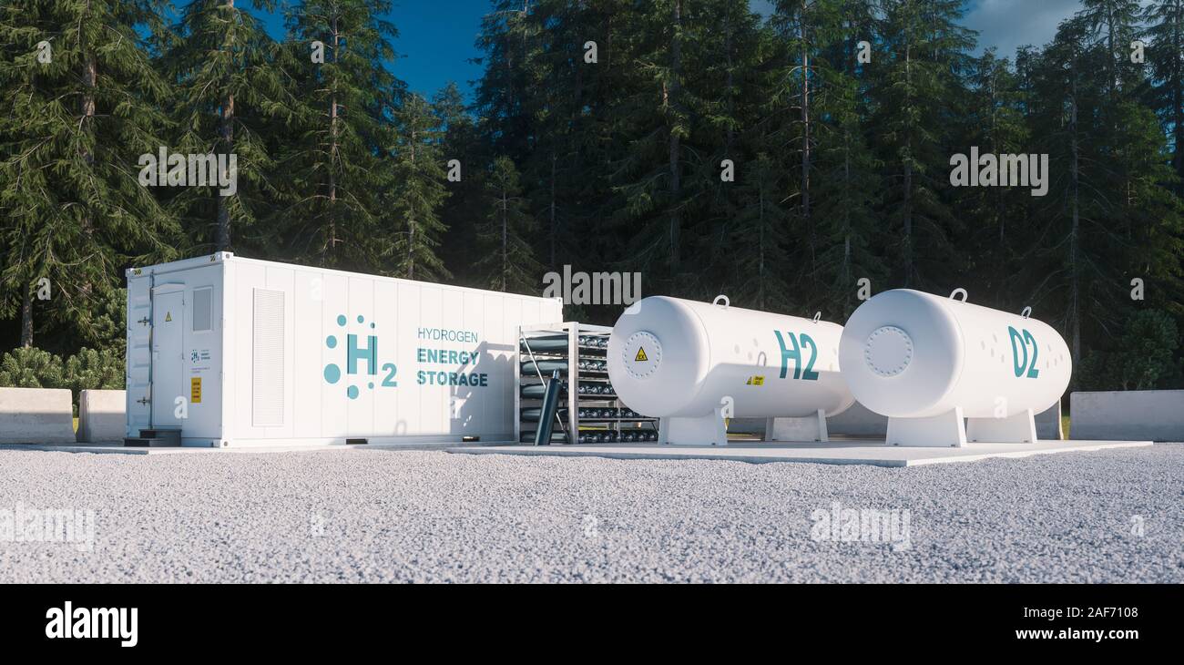 Environmentally friendly solution of renewable energy storage - hydrogen gas to clean electricity facility situated in forest environment. 3d renderin Stock Photo