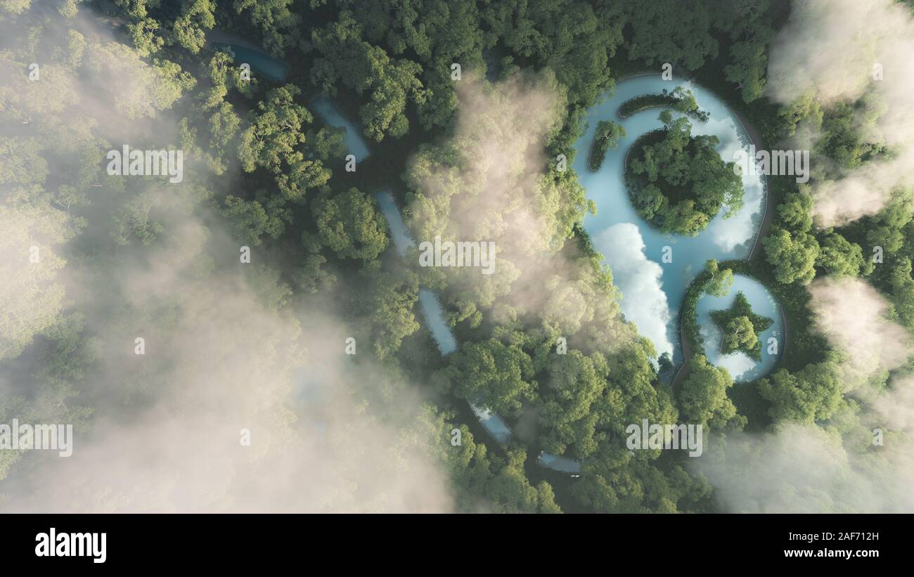 Eco travelling concept. 3d rendering of dense misty amazonian rainforest with map point sign in a shape of pond. Stock Photo