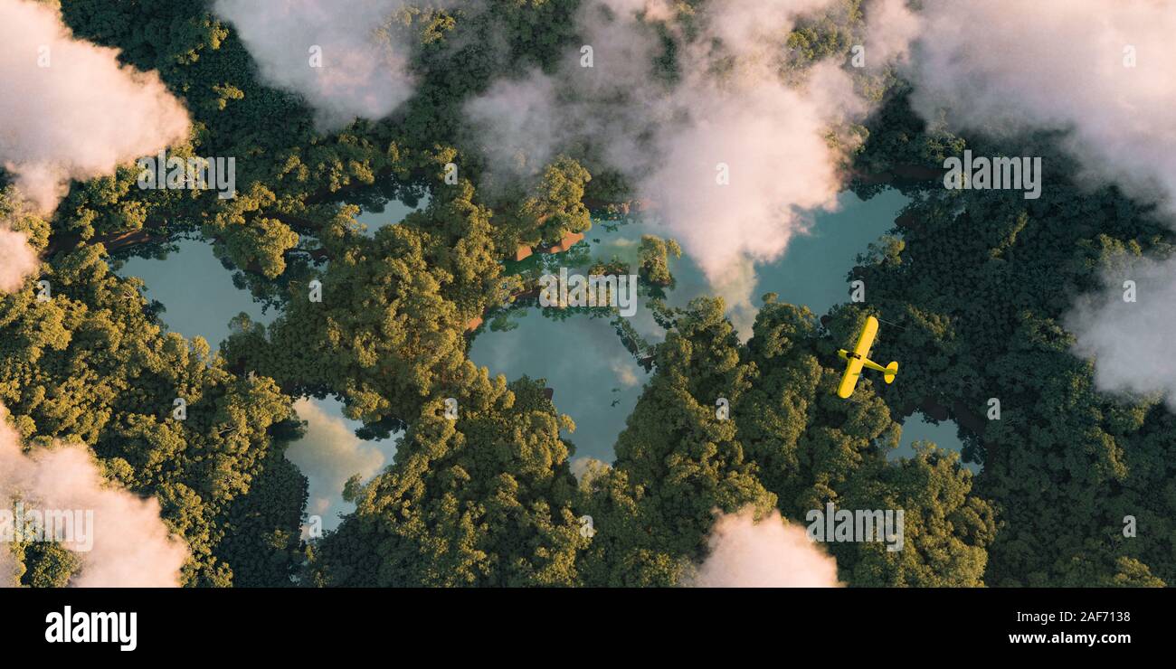Sustainable habitat world concept. Distant aerial view of a dense rainforest vegetation with lakes in a shape of world continents, clouds and one smal Stock Photo