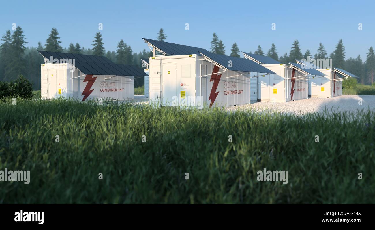 Concept of solar container units situated in sunny fresh nature with grass in foreground and forest in background.  3d illustration Stock Photo