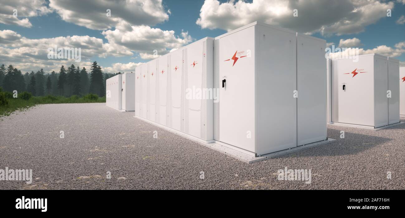 Concept of renewable energy battery storage system in nature. 3d