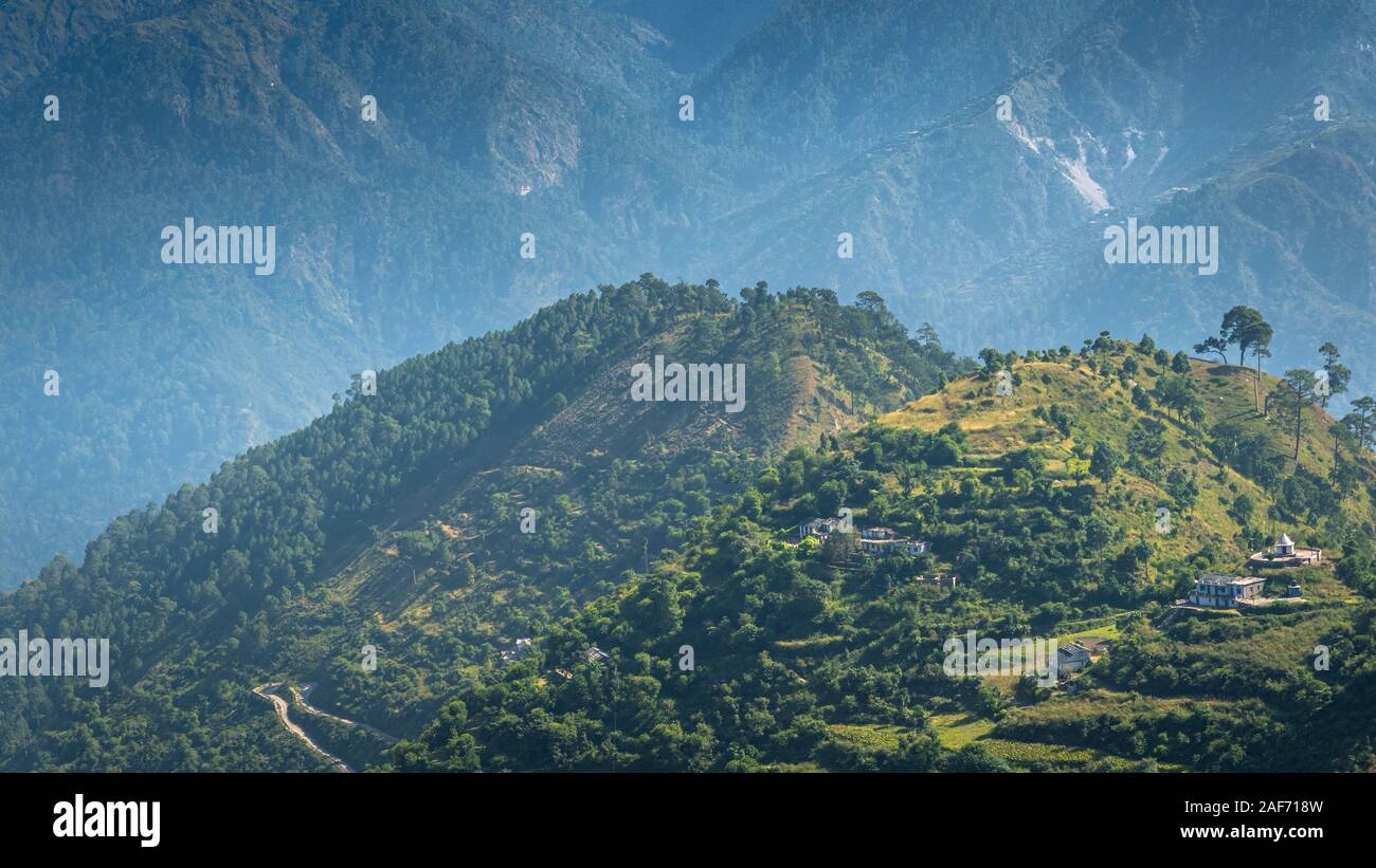 View from Raniketh to Nainital in picture perfect view of the Uttarakhand landscape  Stock Photo