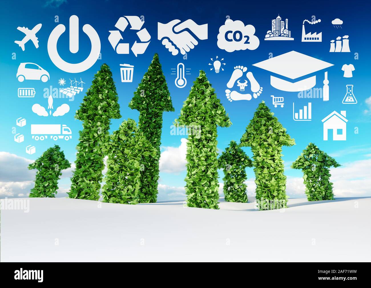 Sustainable development conceptual image. 3d illustration of fresh green leaf arrows growing from snow fieldand pointing toward ecology related icons. Stock Photo