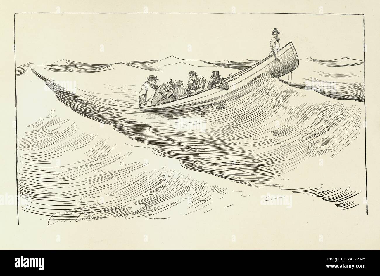 A Widow And Her Friends, Charles Dana Gibson. They go fishing. Young woman in a boat with a group of men, 1900 Stock Photo