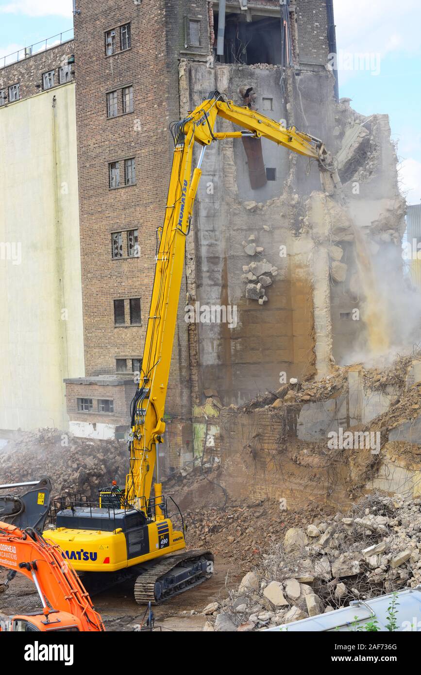 high reach pneumatic demolition arm demolishing building eggborough uk Stock Photo