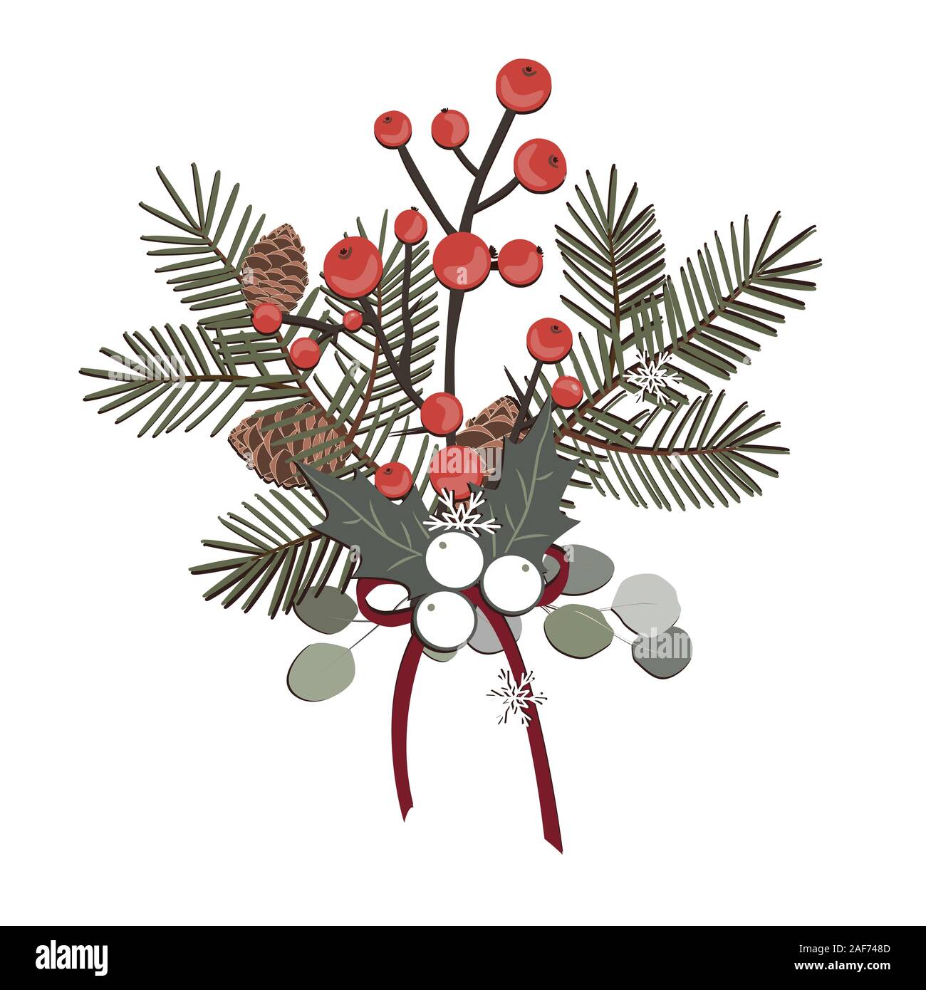 A simple rural Christmas composition - branches of a Christmas tree cedar, berries, and cones. Isolated vector illustration. Stock Vector