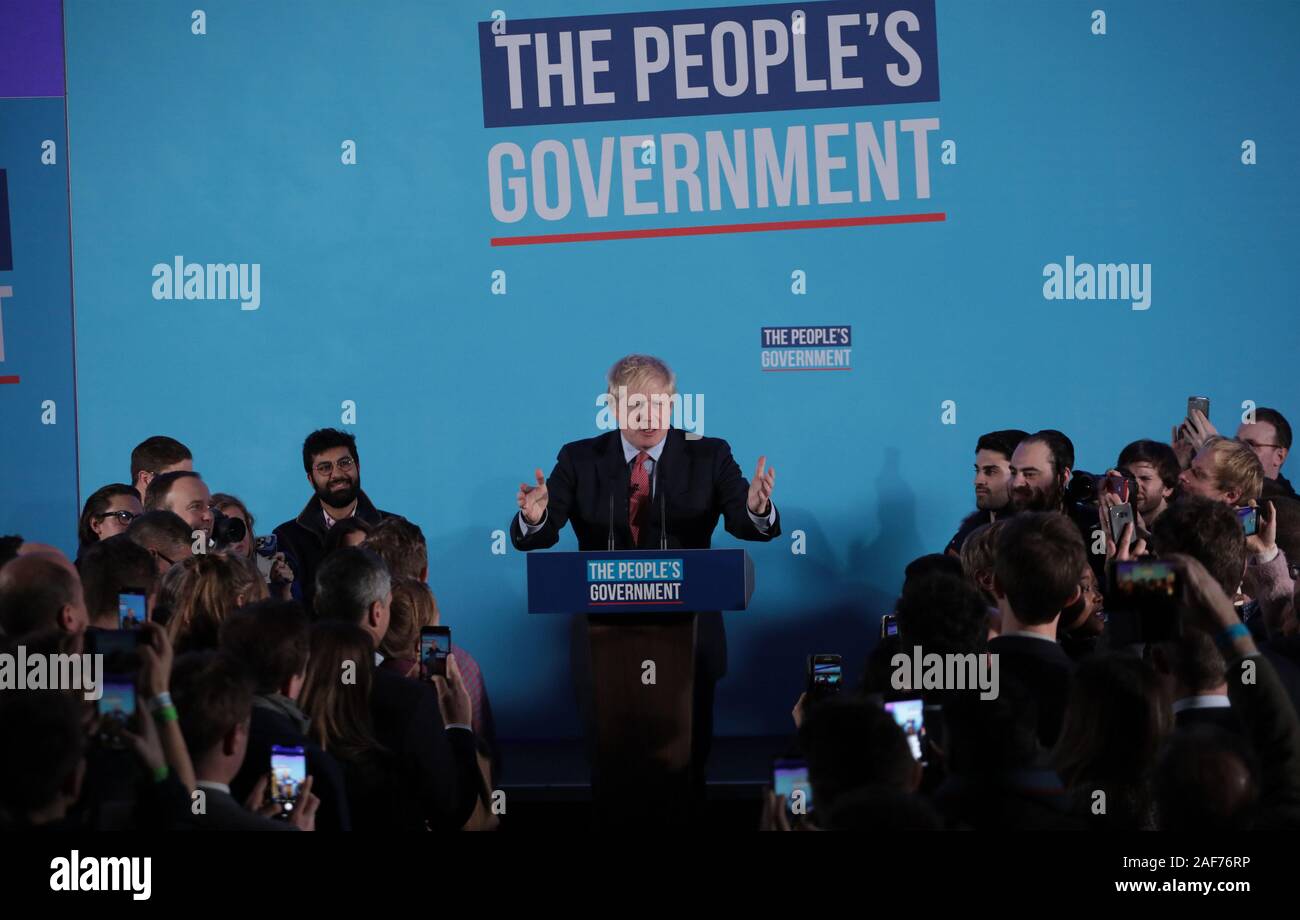 London, UK. 13th Dec, 2019. British Prime Minister Boris Johnson delivers a victory speech early on Friday, December 13, 2019. Mr Johnson's Government has secured the biggest majority in the General Election since the 1980's to enable the government to get Brexit passed by January 31 2020. Photo by Hugo Philpott/UPI Credit: UPI/Alamy Live News Stock Photo