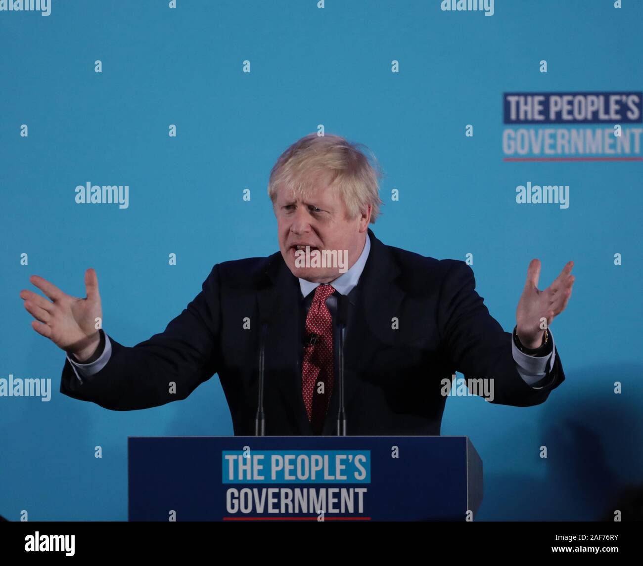 London, UK. 13th Dec, 2019. British Prime Minister Boris Johnson delivers a victory speech early on Friday, December 13, 2019. Mr Johnson's Government has secured the biggest majority in the General Election since the 1980's to enable the government to get Brexit passed by January 31 2020. Photo by Hugo Philpott/UPI Credit: UPI/Alamy Live News Stock Photo