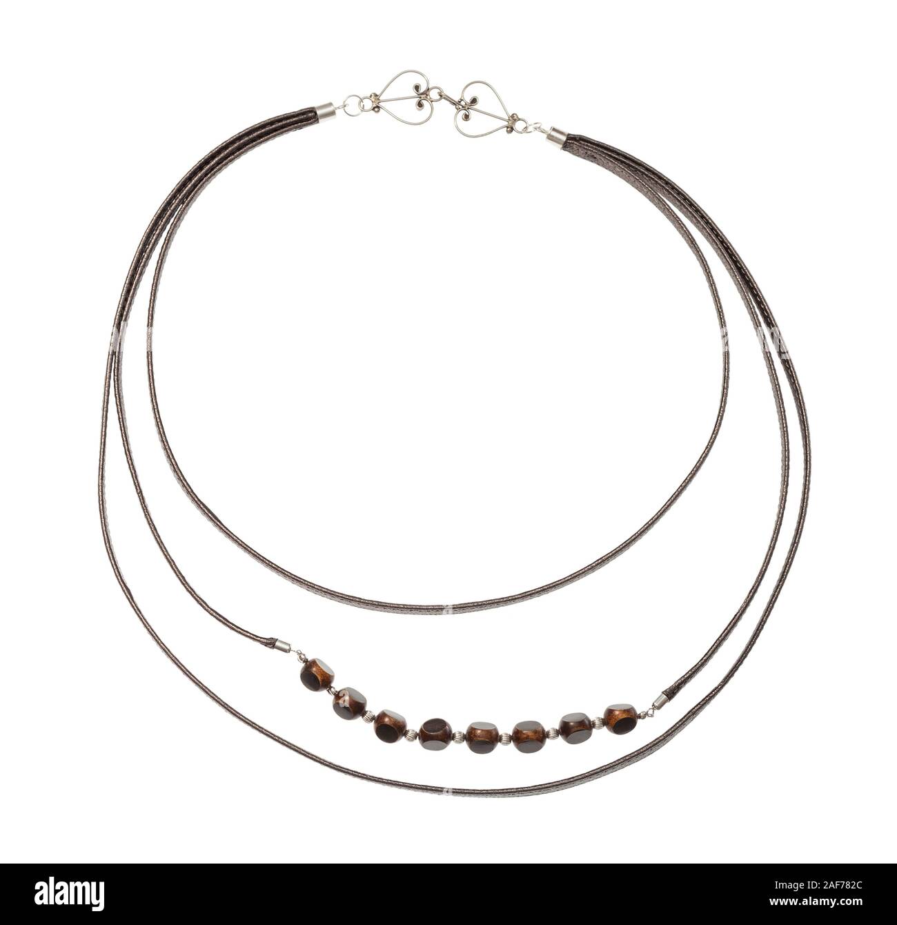 top view of handmade necklace from leather strips and bone beads