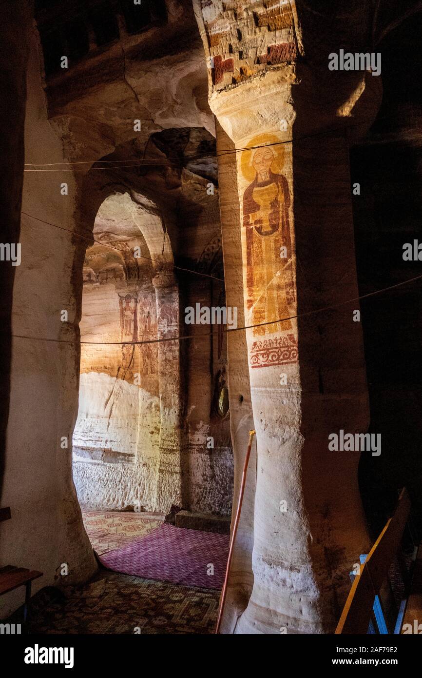 Ethiopia, Tigray, Megab, Gheralta Escarpment, Debre Maryam Korkor C13th rock-cut monastic church interior, C17th painted wall decoration Stock Photo