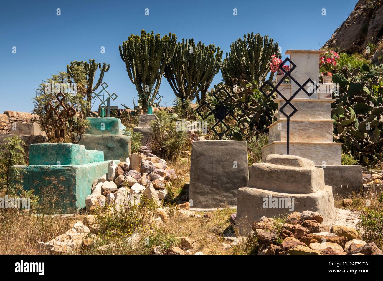 Ethiopia, Tigray, Megab, Gheralta Escarpment, Debre Maryam Korkor rock-cut monastic church graveyard Stock Photo