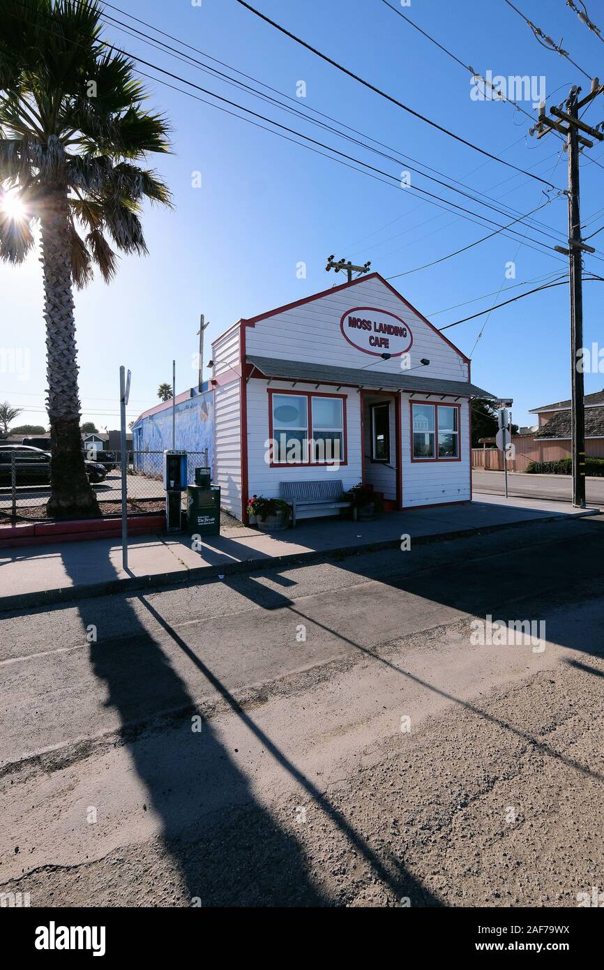 Historic Cafe on Moss Landing Road, Moss Landing, California, USA Stock