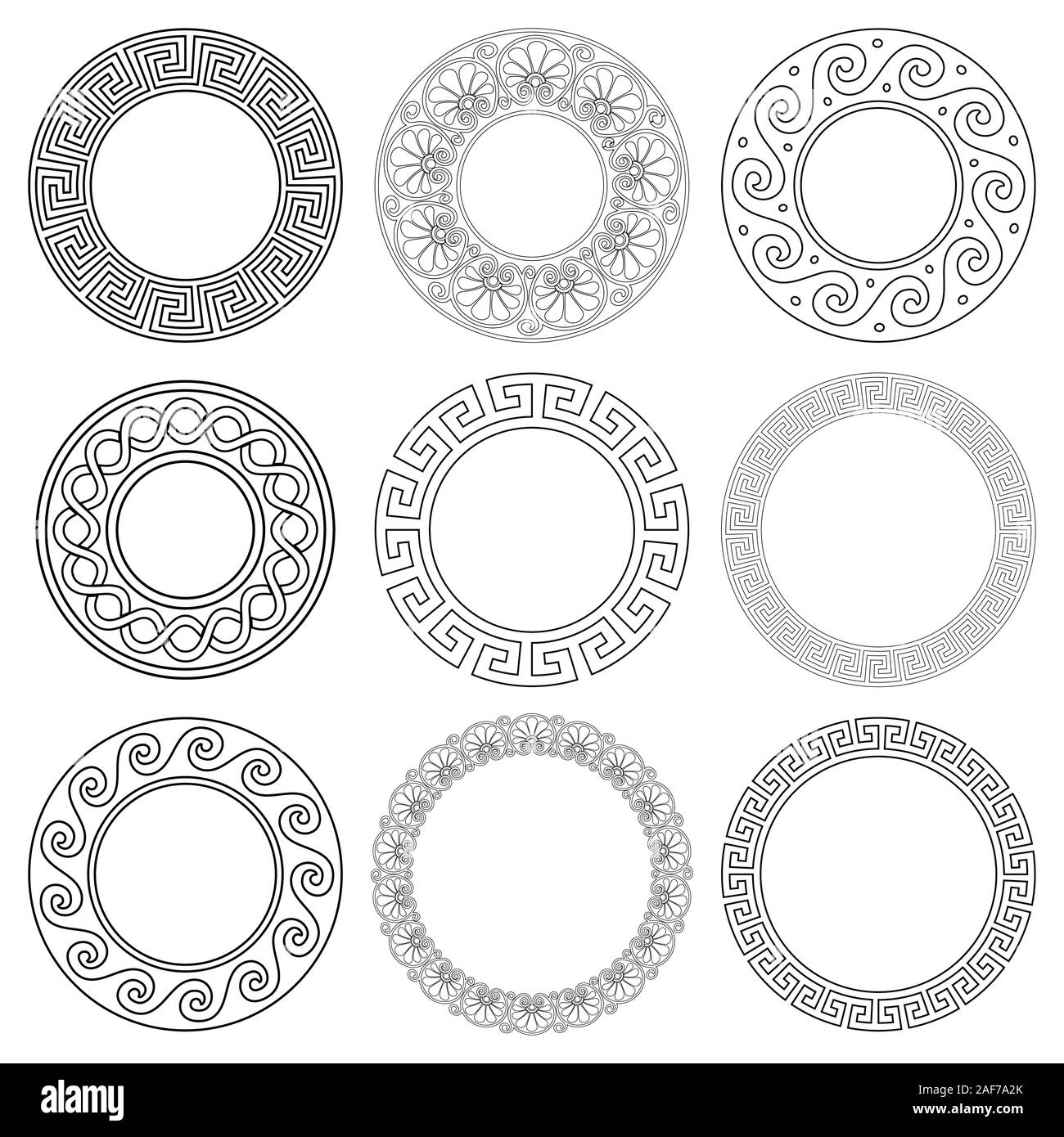 Ancient Greek mandala vector pattern set with stroke - seamless key pattern, frame and border collection from Greece for adults coloring book Stock Vector