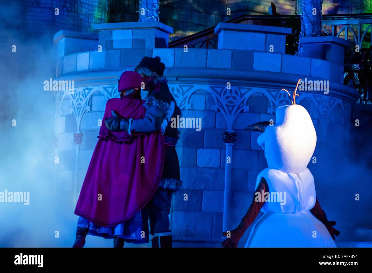 Orlando, Florida. November 15, 2019 .  Anna, Kristoff and Olaf in A Frozen Holiday Wish at Magic Kingdom Park Stock Photo