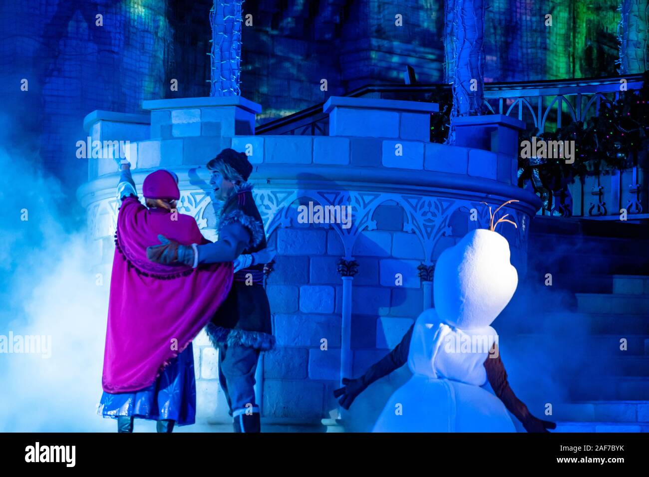 Orlando, Florida. November 15, 2019 .  Anna, Kristoff and Olaf in A Frozen Holiday Wish at Magic Kingdom Park Stock Photo