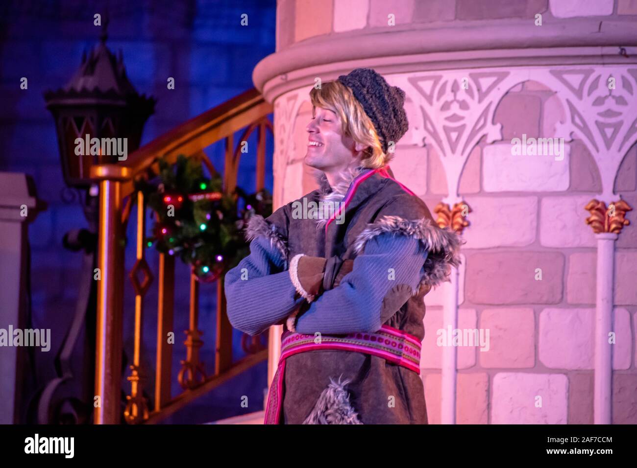Orlando, Florida. November 15, 2019 .  Kristoff in A Frozen Holiday Wish at Magic Kingdom Park Stock Photo