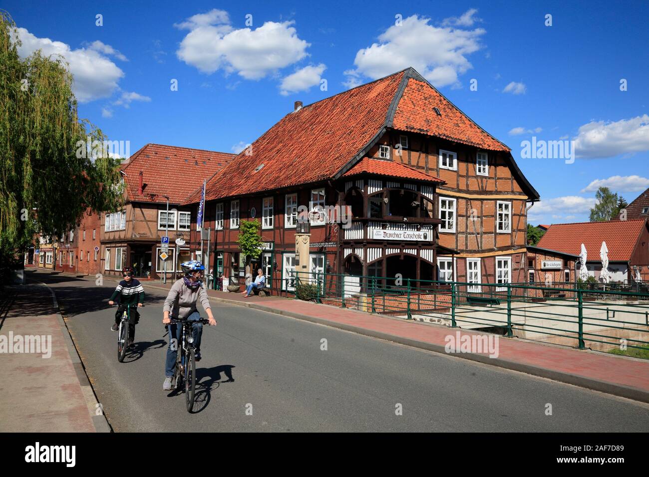 Biker on Jeetzel-bridge, Hitzacker / Elbe, Lower Saxony, Germany Stock Photo