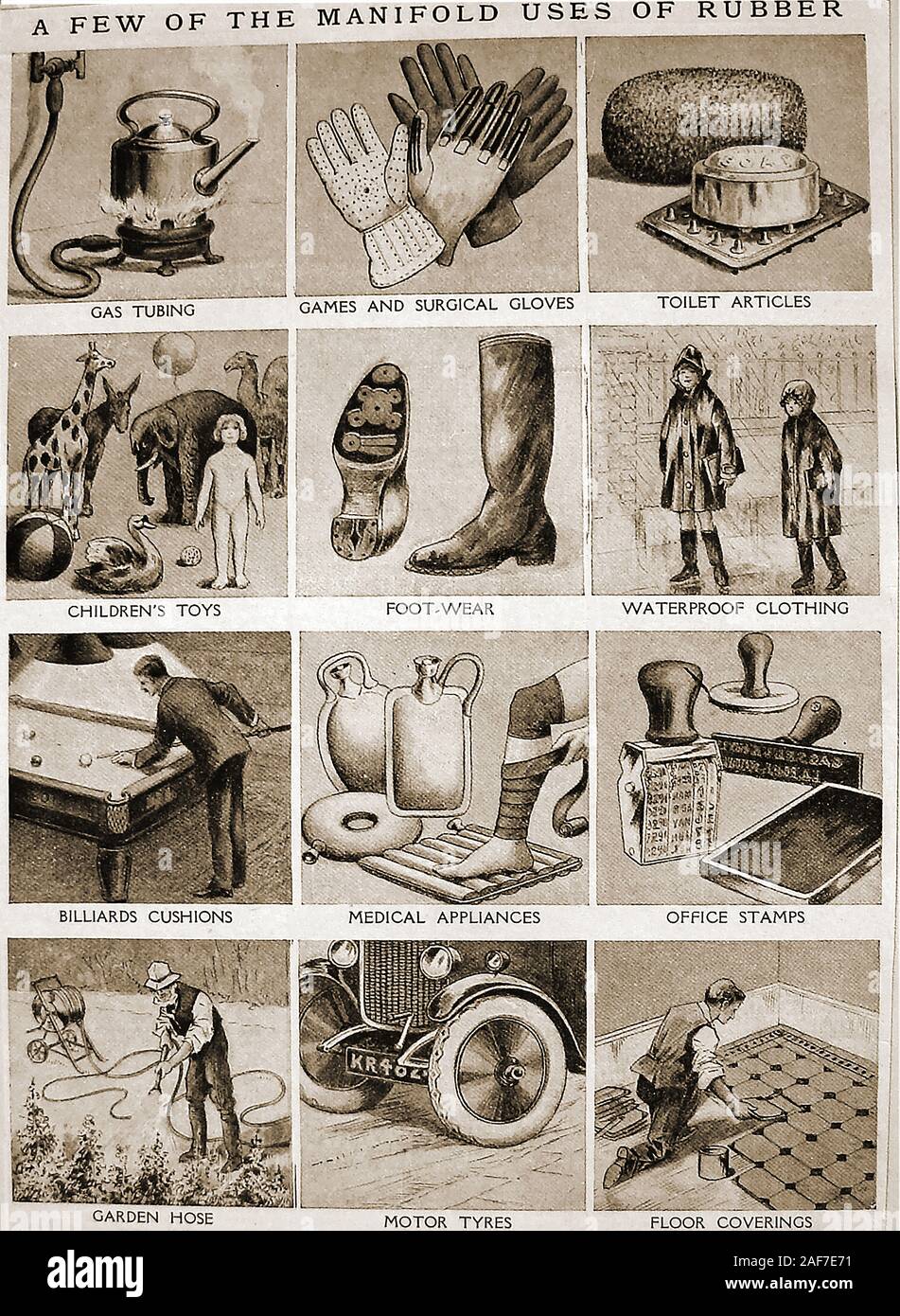 c1930's . A children's book illustration showing uses for rubber at that time -  Gas cooker tubing, games & surgical gloves,toilet articles,toys,footwear,waterproof clothing,billiard cushions,medical appliances,office stamps,garden hoses,car tyres & floor coverings Stock Photo