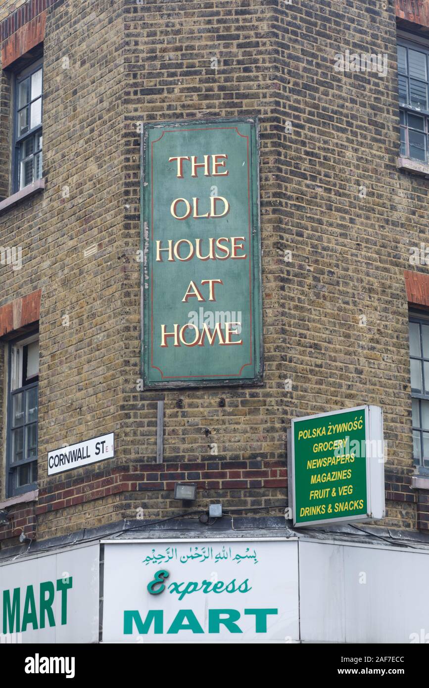 The old house at home sign on the side of a building in Cornwall street, London Stock Photo