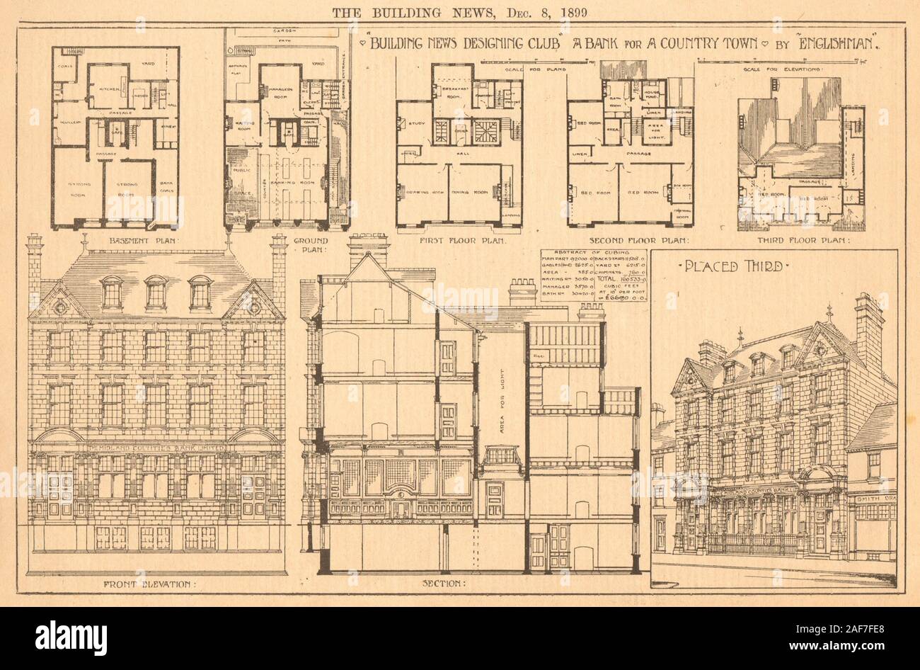 A bank for a country town by 'Englishman'. Basement plan, elevation 1899 print Stock Photo