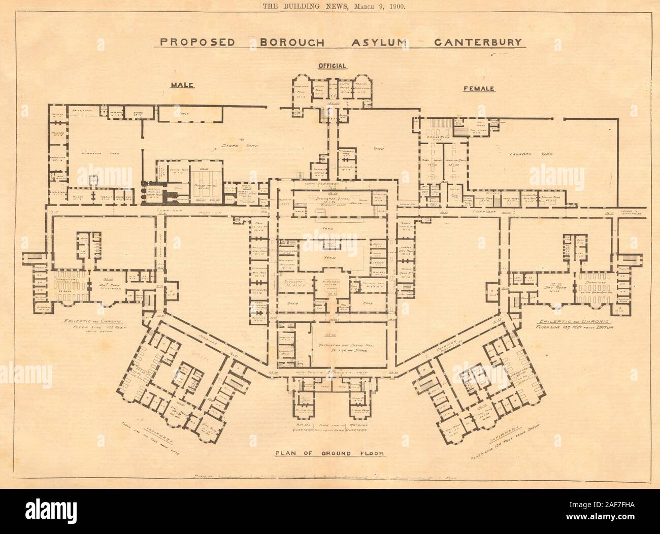 Proposed Borough Asylum, Canterbury. Plan of ground floor. Kent 1900 old print Stock Photo