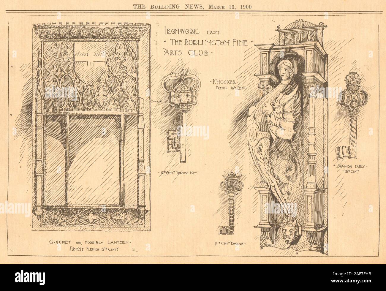 Ironwork Burlington Fine Arts Club. Knocker French key Guichet Flemish 1900 Stock Photo