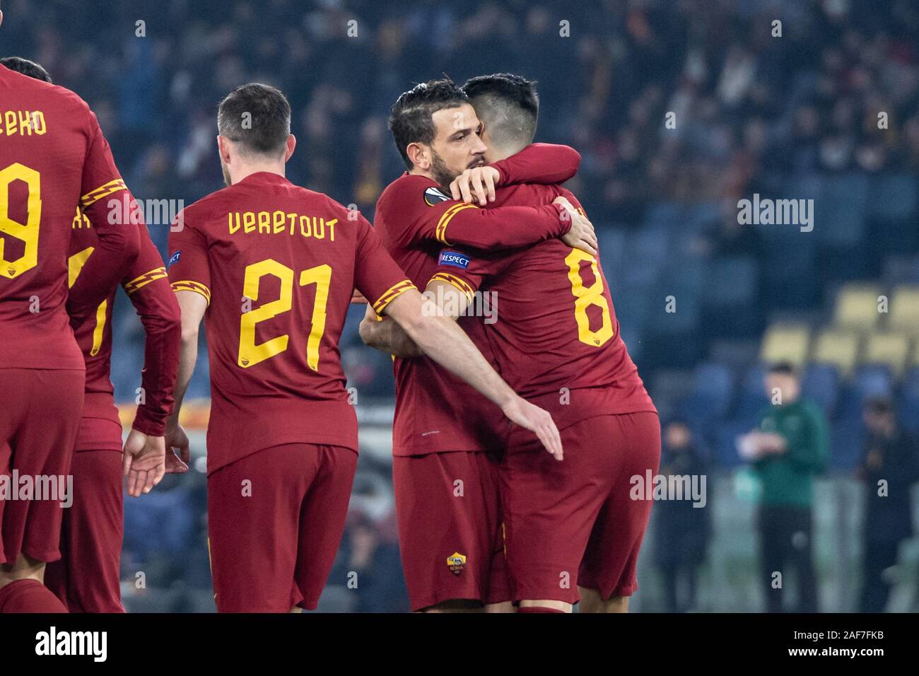 Good luck Symphony Pour AS Roma players celebrate after scoring a goal during the UEFA Europa  League Group J football match between AS Roma and Wolfsberger AC at the  Stadio Olimpico Staduim.Final score; AS Roma 2:2