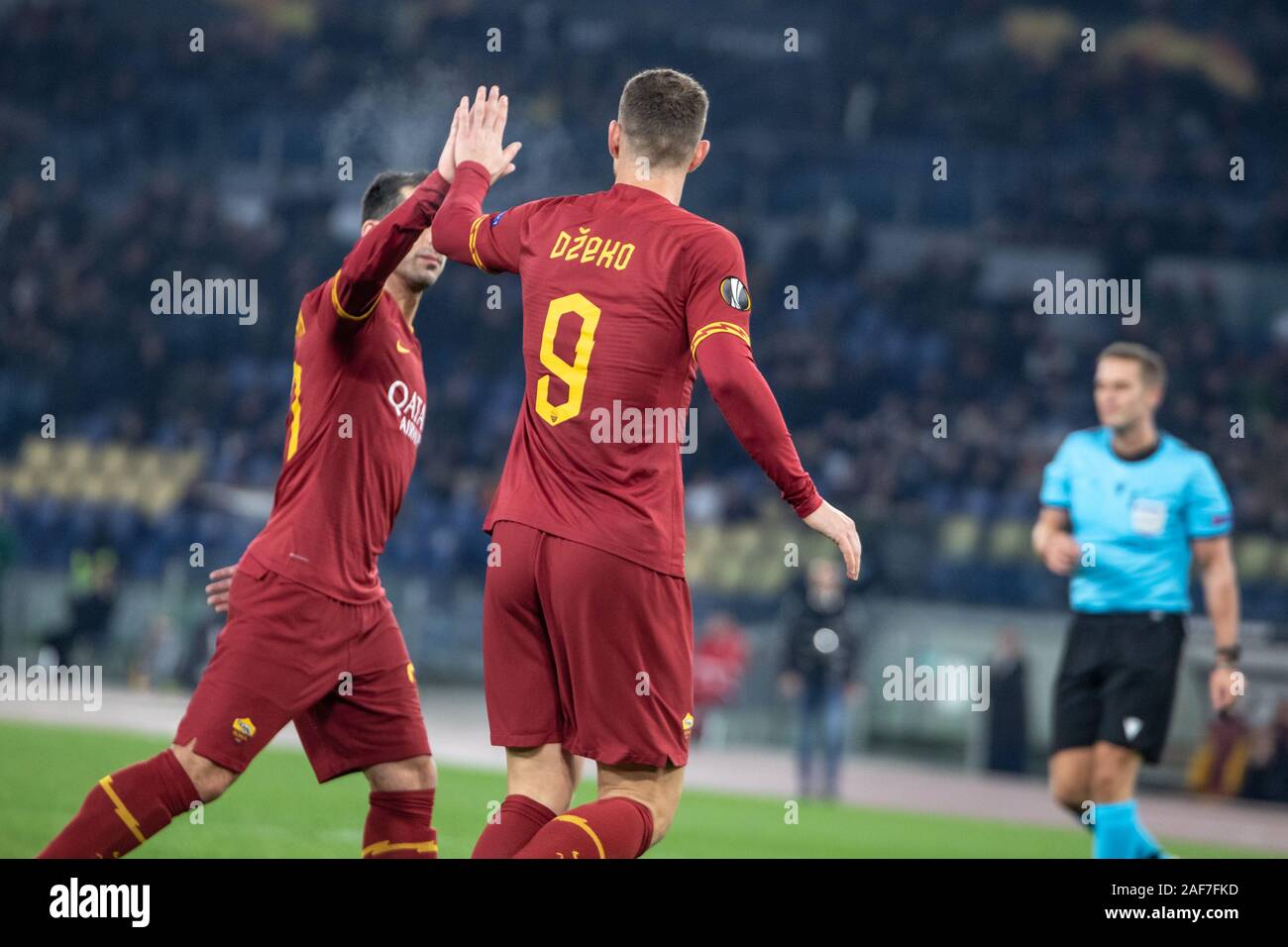 Mottle Confused Chinese cabbage Edin Dzeko of AS Roma celebrates after scoring a goal during the UEFA  Europa League Group J football match between AS Roma and Wolfsberger AC at  the Stadio Olimpico Staduim.Final score; AS