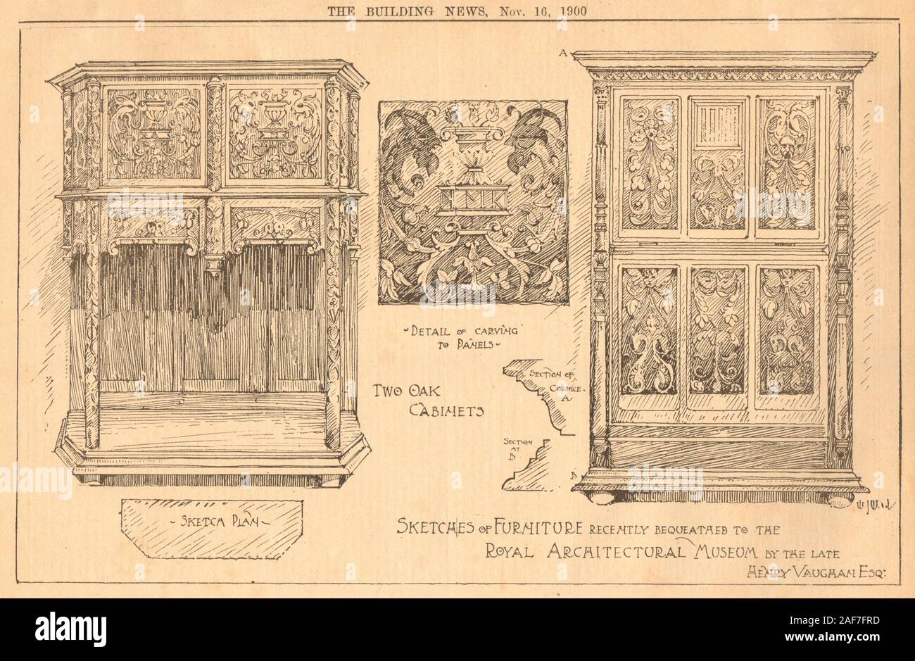Furniture bequest Royal Architectural Museum Henry Vaughan. Oak cabinets 1900 Stock Photo
