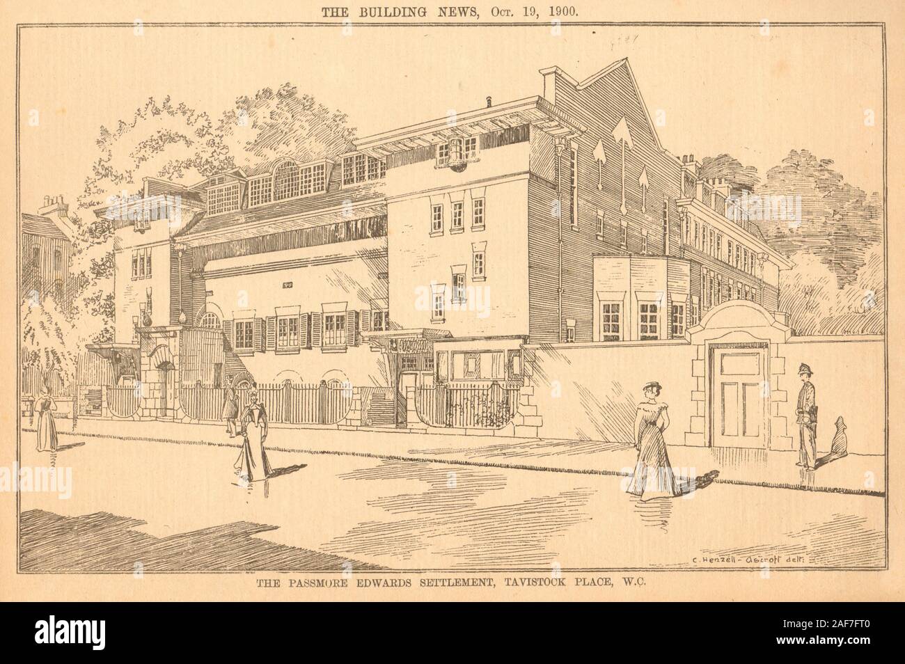 Passmore Edwards settlement, Tavistock Place. Mary Ward Centre. UCL 1900 print Stock Photo