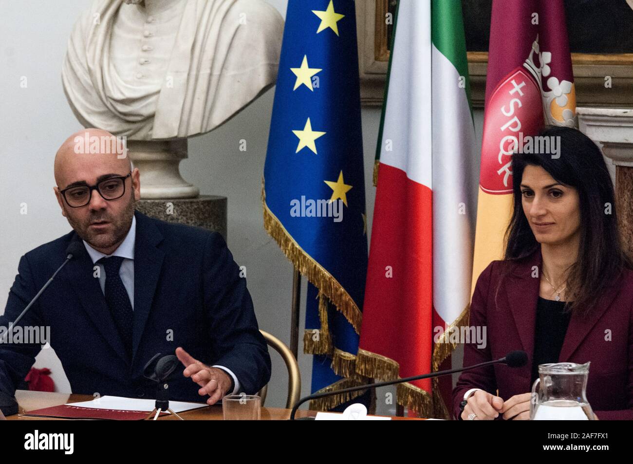 Rome 13 December 2019, The Mayor of Rome Virginia Raggi and the Councilor for Personnel, Registry Office and Marital Status, Demographic and Electoral Services Antonio De Santis with representatives of the newsagents sector present the initiative 'Certificates on newsstands' Stock Photo
