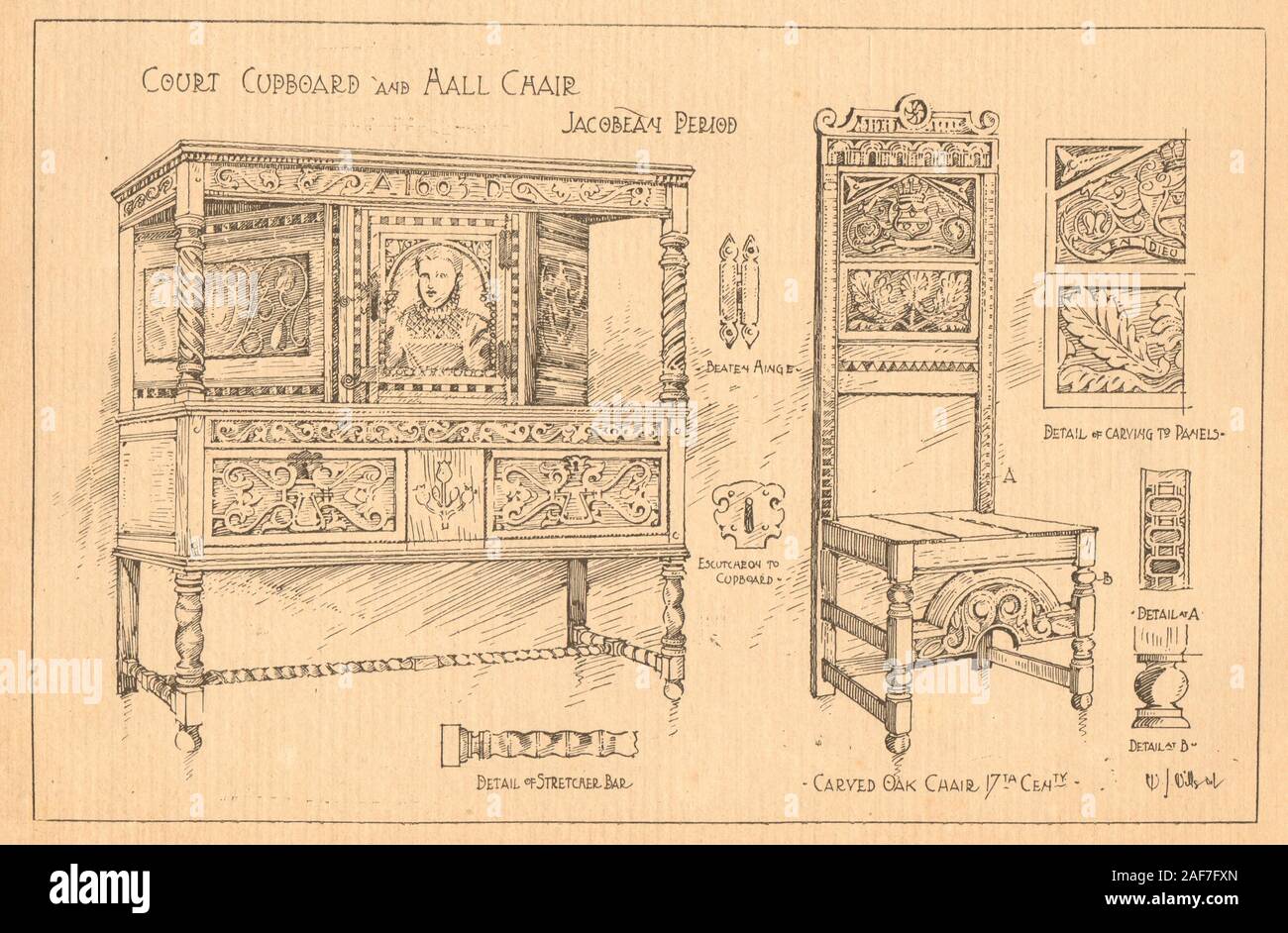 Court cupboard hall chair, Jacobean. Stretcher bar carved oak chair 17C 1901 Stock Photo