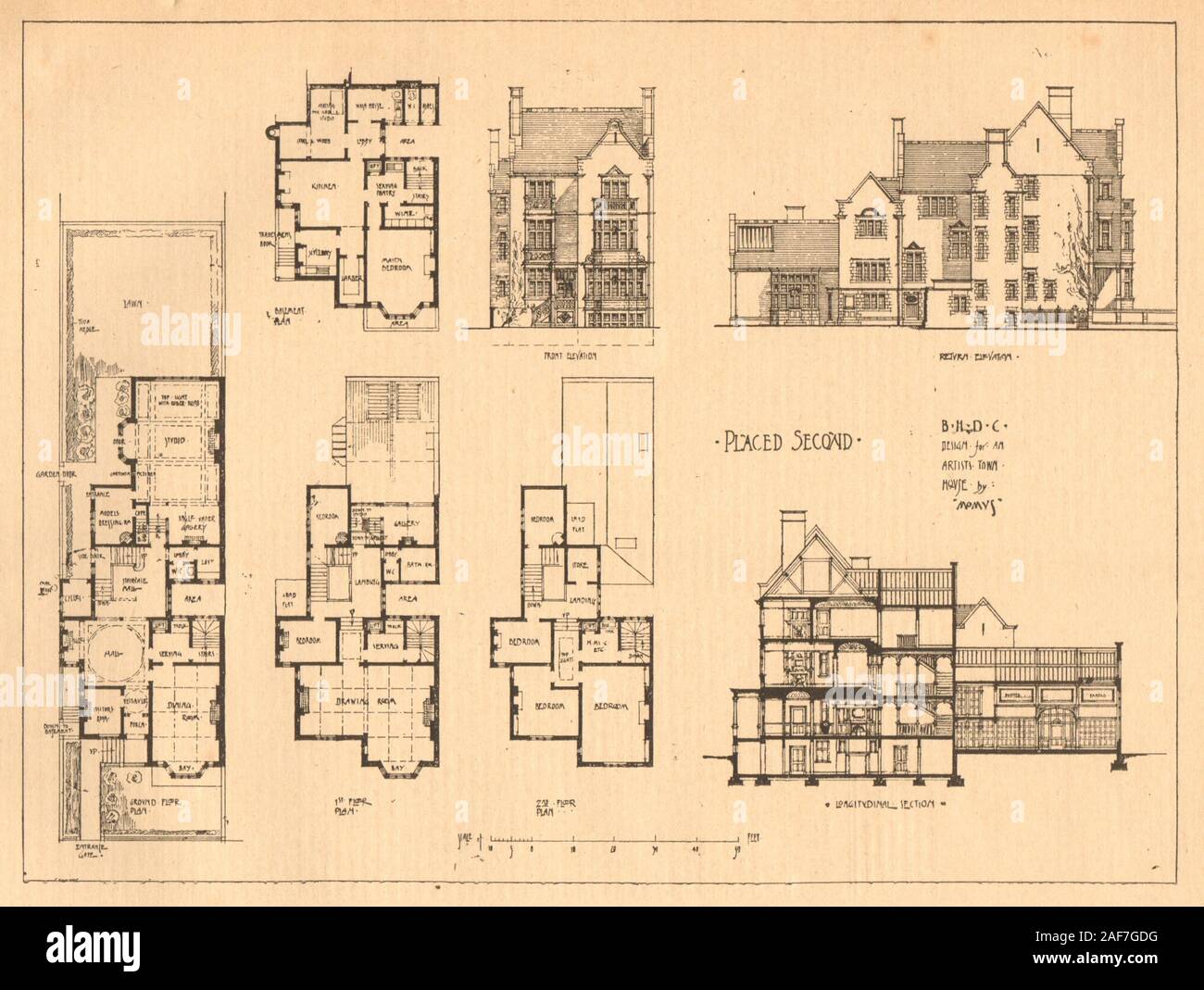Design for an artist's town house by Momus. Floorplans & elevations 1902 print Stock Photo