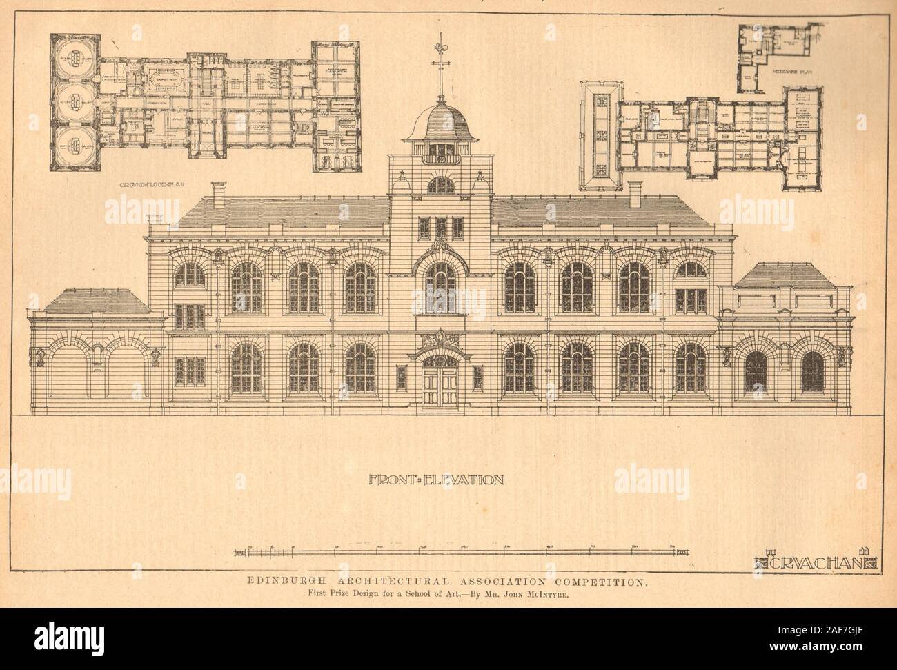 Prize design for a School of Art, by Mr John McIntyre. Plans & elevation 1903 Stock Photo