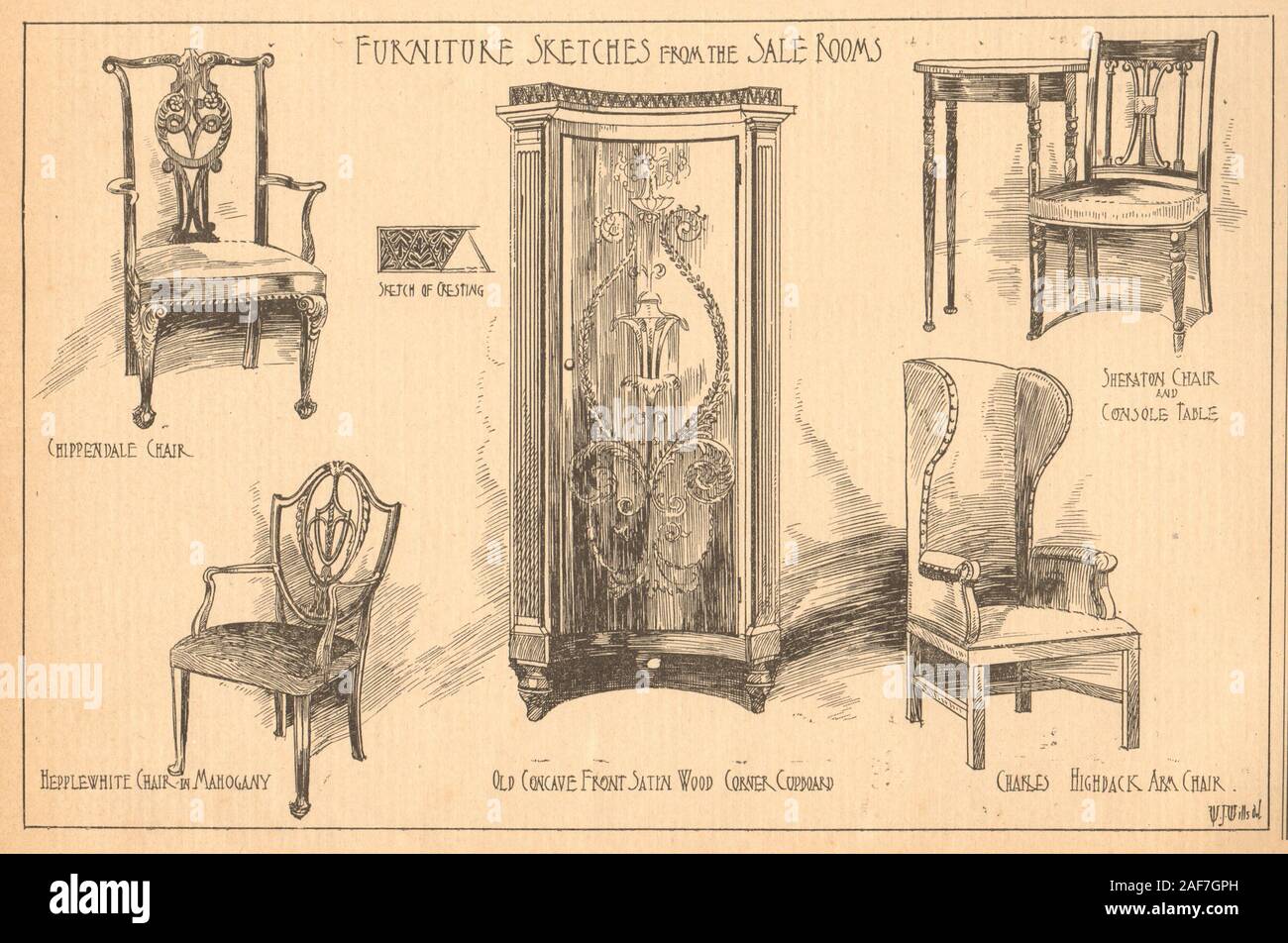 Furniture. Chippendale Hepplewhite Charles highback armchair Sheraton table 1904 Stock Photo