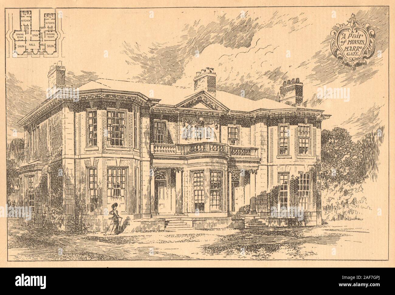 A pair of houses, Harrogate. Yorkshire 1904 old antique vintage print