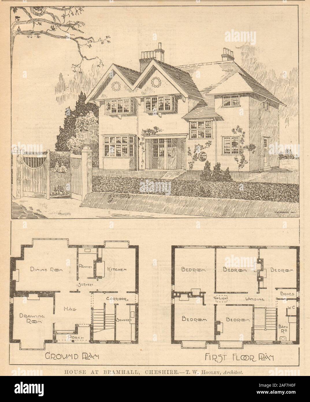 House at Bramhall, Cheshire. T.W. Hooley, Architect 1904 old antique