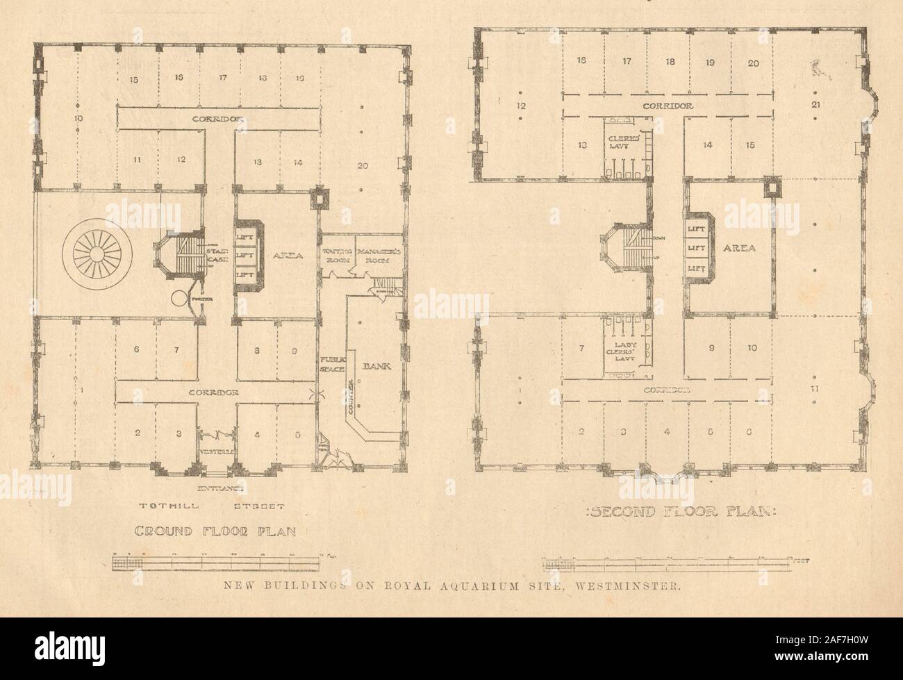 New buildings on Royal Aquarium site, Westminster. Plan. London 1905 old print Stock Photo