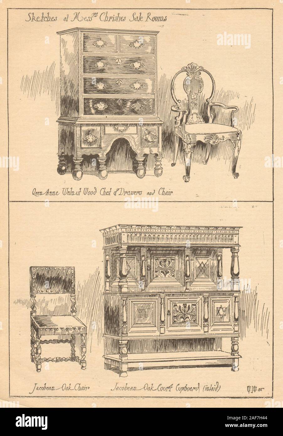 Christies furniture auction. Queen Anne chest chair Jacobean oak