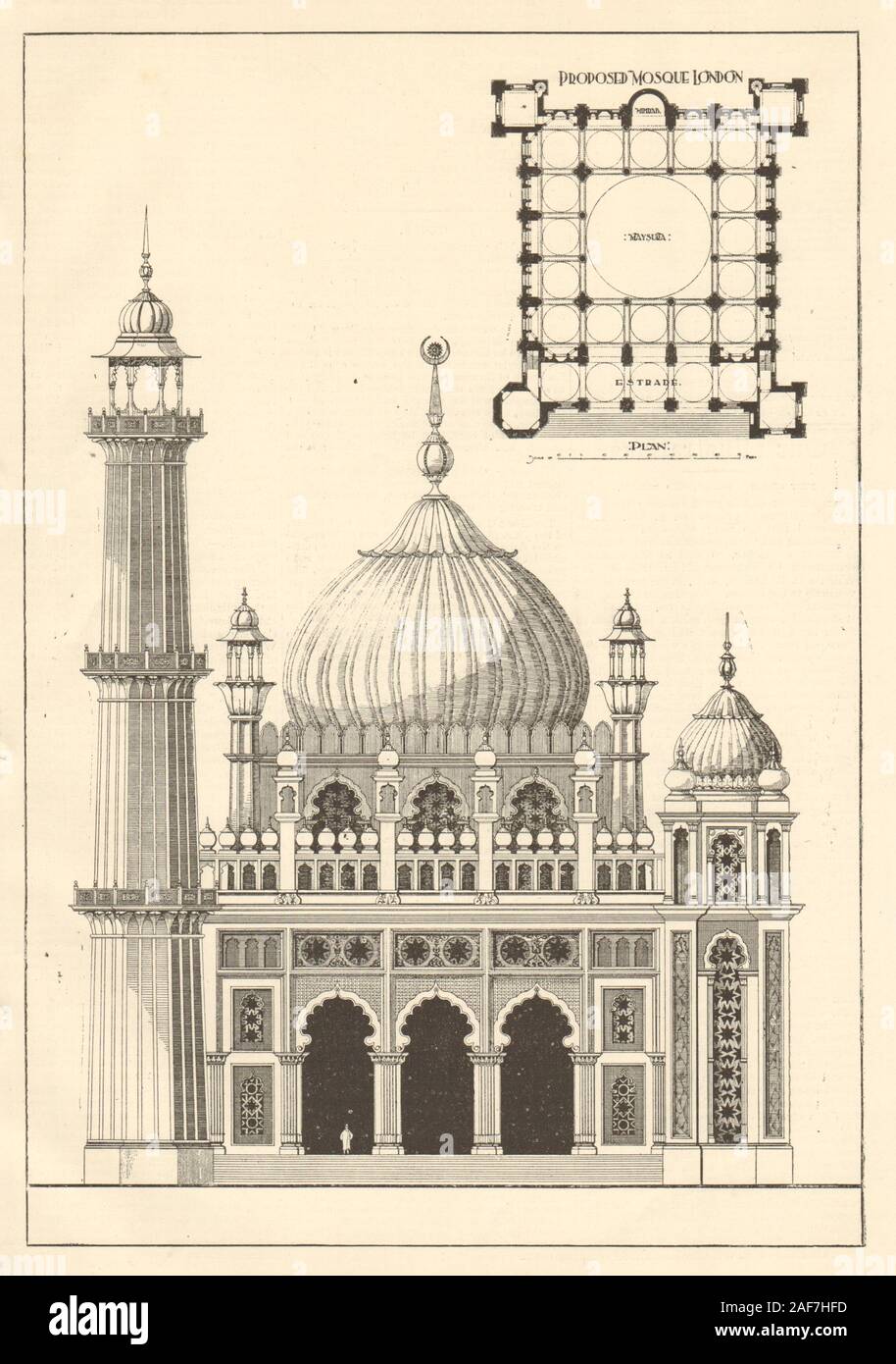 Proposed Mosque London. Pan-Islamic Society of London. Sketch & plan 1906 Stock Photo