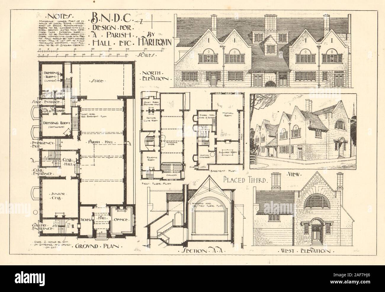 Design for a Parish Hall etc, by Harlequin. View, elevations & plans 1907 Stock Photo