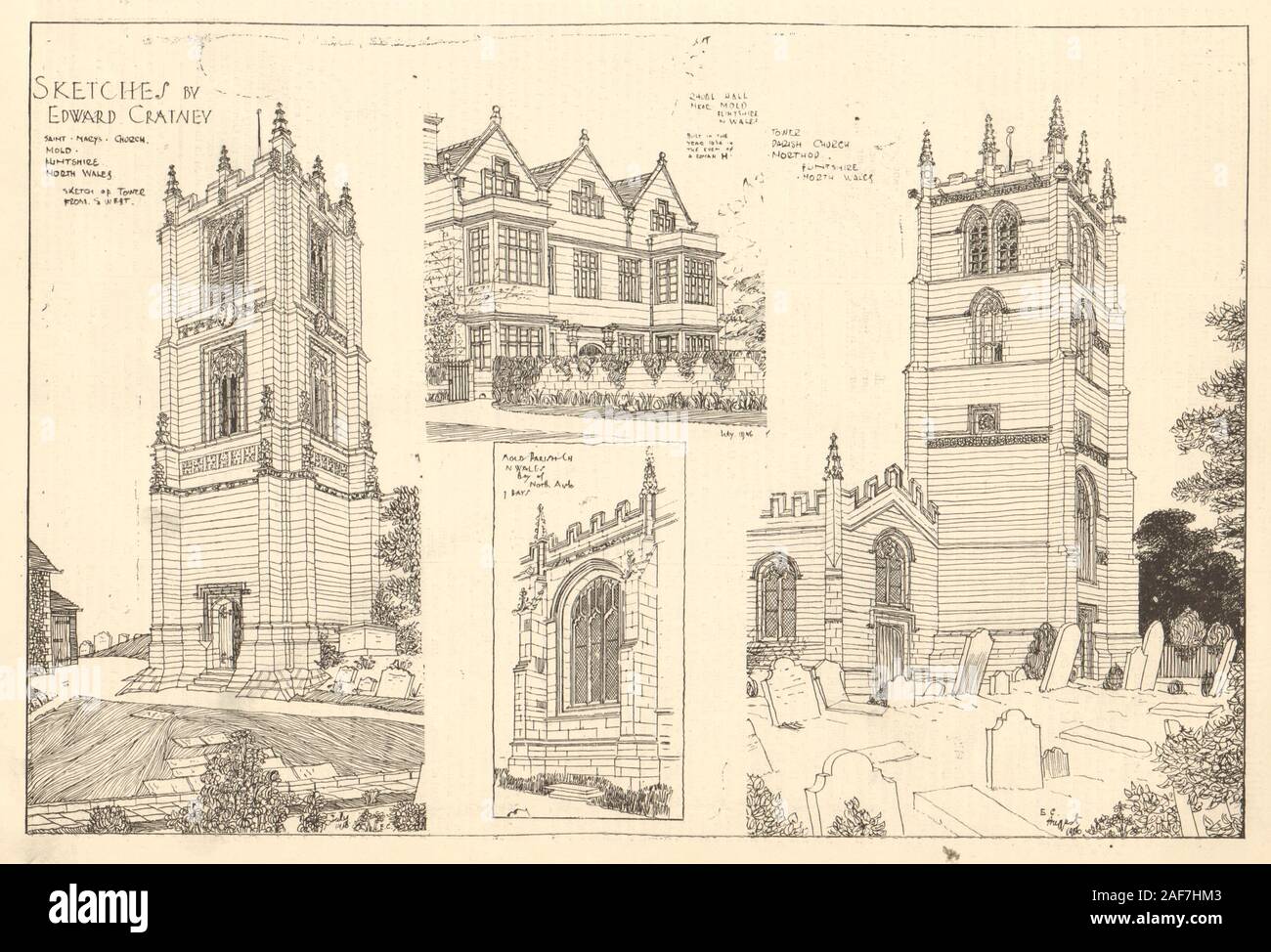 Flintshire Mold Northop. St Mary's & parish churches. Rhual Hall. Cratney 1907 Stock Photo