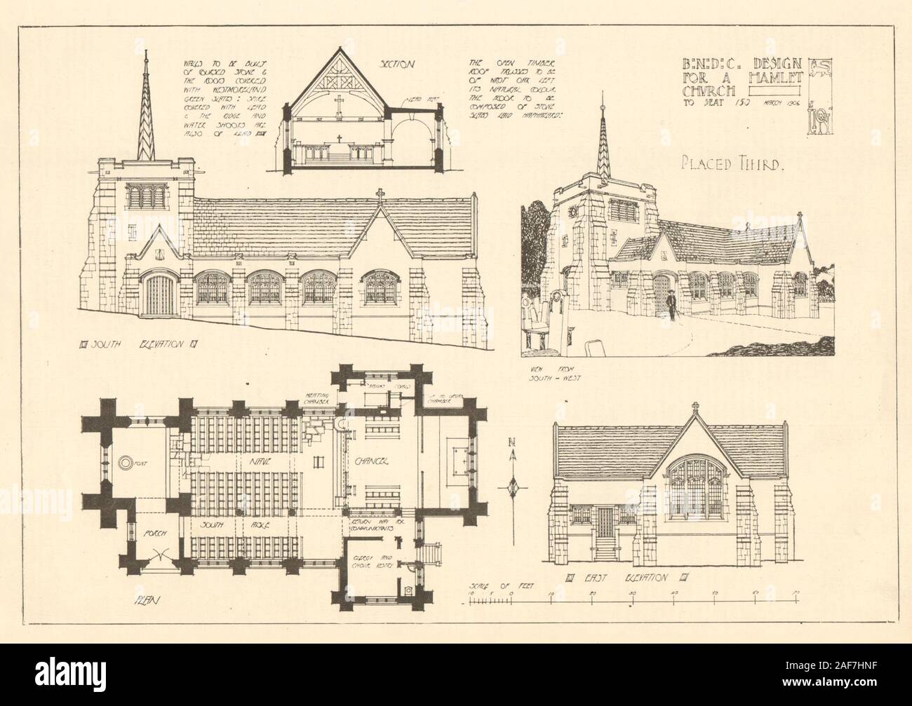 Design for a Hamlet Church to seat 150. Elevations, plans & view 1907 print Stock Photo - Alamy design-for-a-hamlet-church-to-seat-150-elevations-plans-view-1907-print-stock-photo-alamy