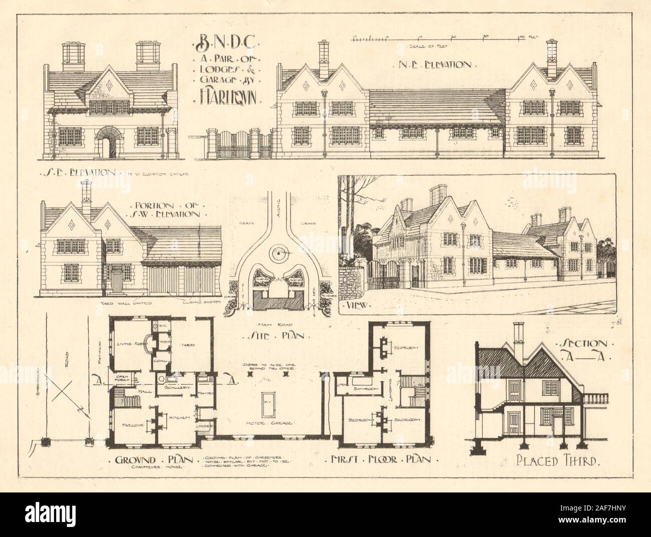 A pair of lodges & garage by Harlequin. Elevations, plans & sections 1907 Stock Photo