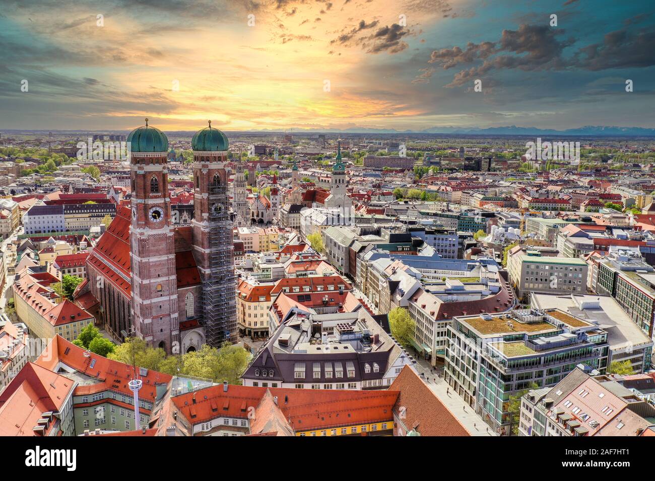 Munich Sunset Aerial view, Bavaria - Germany Stock Photo