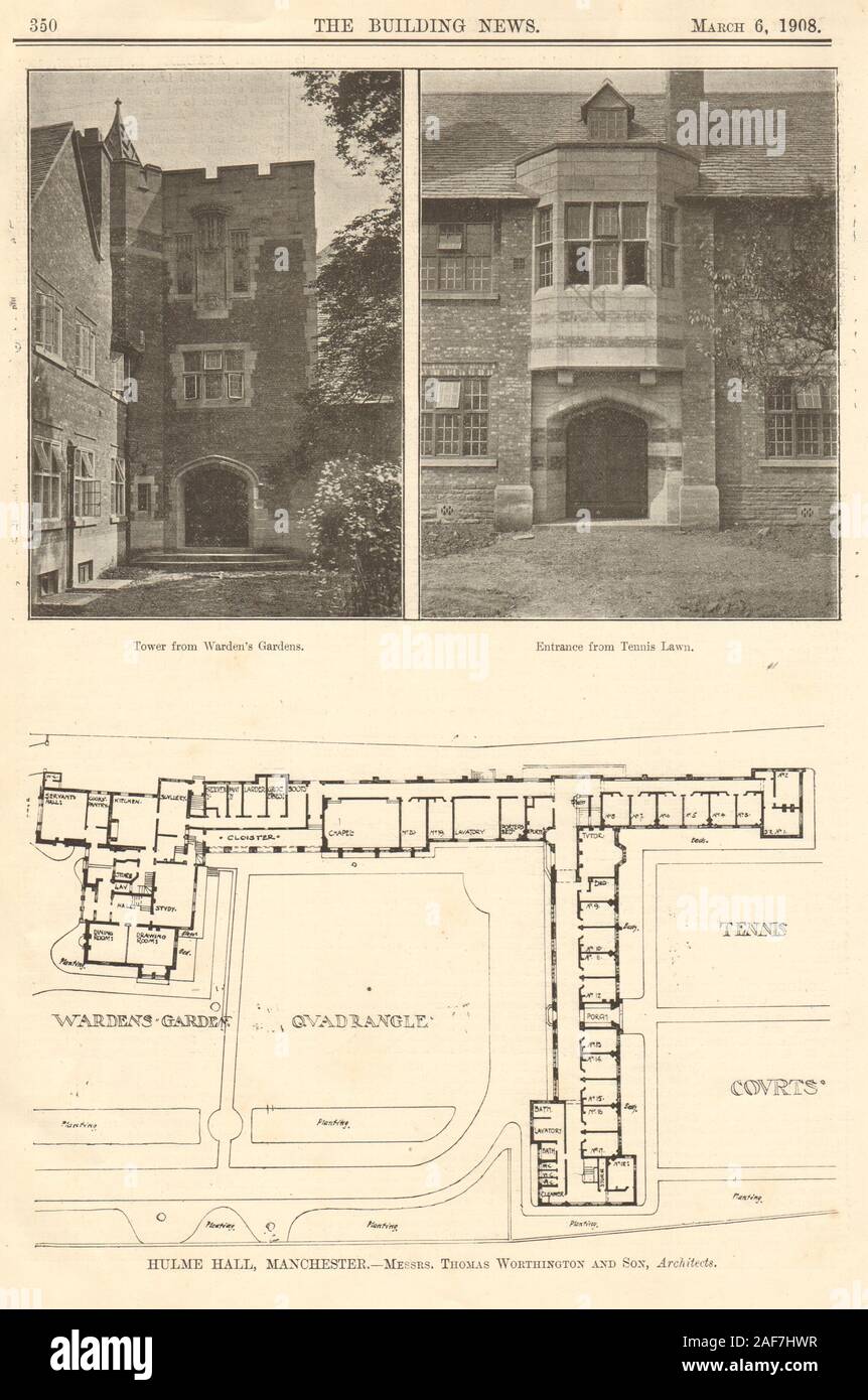 Hulme Hall, Manchester. Thomas Worthington Architect. Tower Warden's garden 1908 Stock Photo